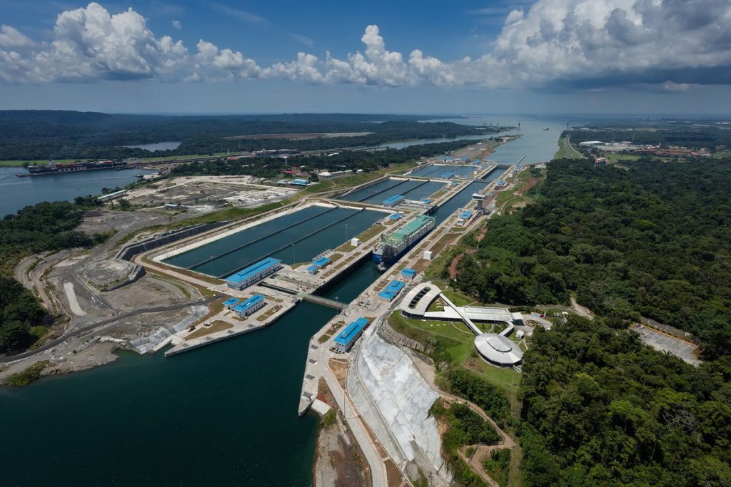 Agua Clara Locks, part of the Panama Canal, with large cargo ships transiting through